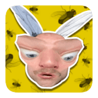 a sticker with an image of a man with a bee on his head